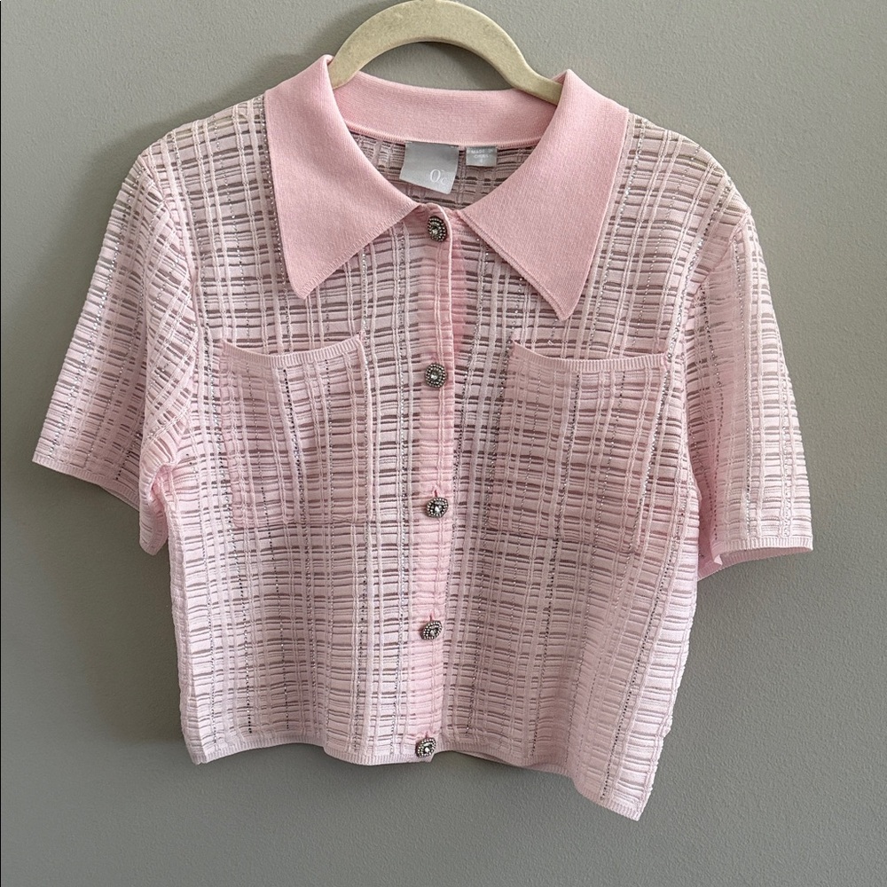 Light Pink Button-Down Rhinestone Short Sleeve Ca… - image 2